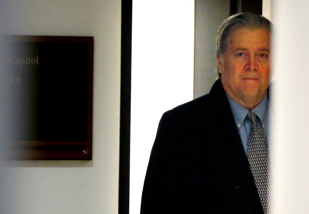 Former White House Chief Strategist Stephen Bannon arrives for an interview by the House Intelligence Committee investigat...