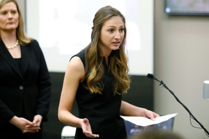 Kyle Stephens delivers a victim impact testimony during a sentencing hearing for Dr. Larry Nassar in Lansing, Michigan, U.S., January 16, 2018. REUTERS/Brendan McDermid - RC13C6EFD6E0