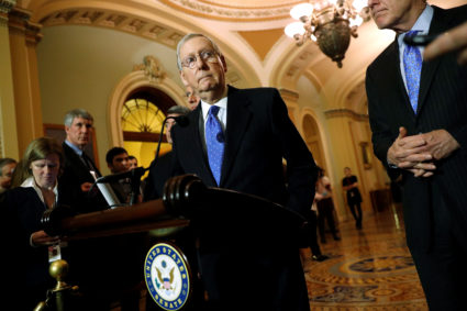 Senate Majority Leader Mitch McConnell (R-KY) delivers remarks to reporters after the weekly Republican caucus luncheon at the U.S. Capitol in Washington, D.C. Photo by Jonathan Ernst/Reuters