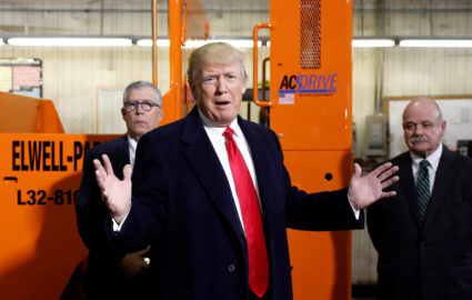 U.S. President Donald Trump speaks as he tours H&amp;K Equipment Company in Coraopolis, Pennsylvania, January 18, 2018. REUTERS/Kevin Lamarque - RC1FA449B750