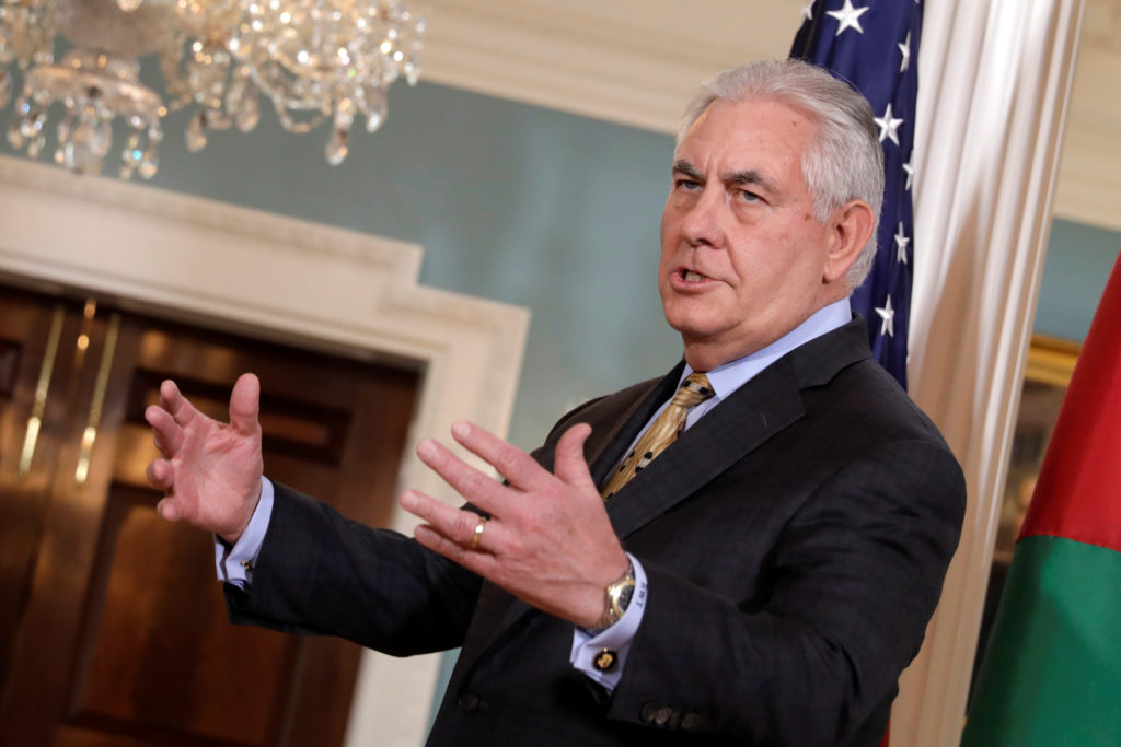 U.S. Secretary of State Rex Tillerson talks to the media before his meeting with Jordanian Foreign Minister Ayman Safadi a...