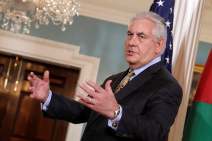 U.S. Secretary of State Rex Tillerson talks to the media before his meeting with Jordanian Foreign Minister Ayman Safadi at the State Department in Washington, D.C. Photo by Yuri Gripas/Reuters