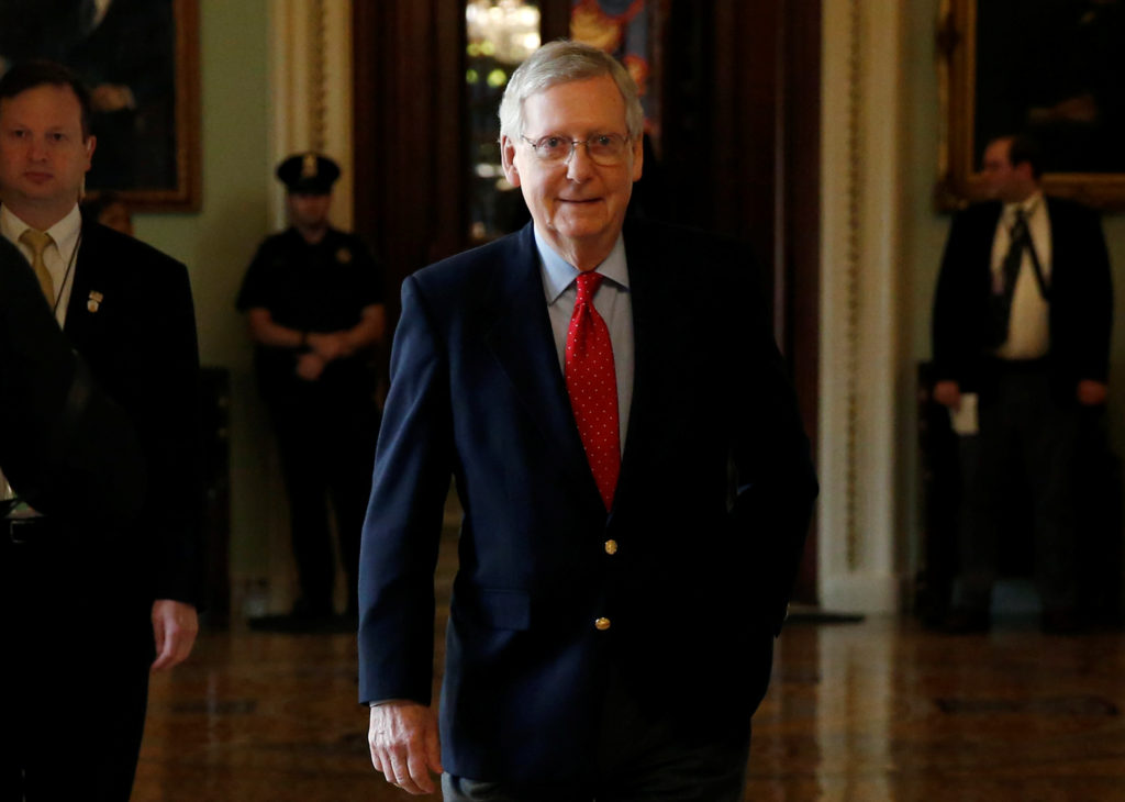 Senate Majority Leader Mitch McConnell (R-KY) walks from the Senate floor after President Donald Trump and the U.S. Congre...