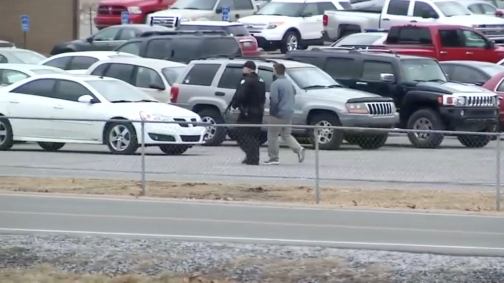 The scene of shooting in Marshall County High School is seen in Benton, Kentucky, U.S, January 23, 2018. CBS /via REUTERS.