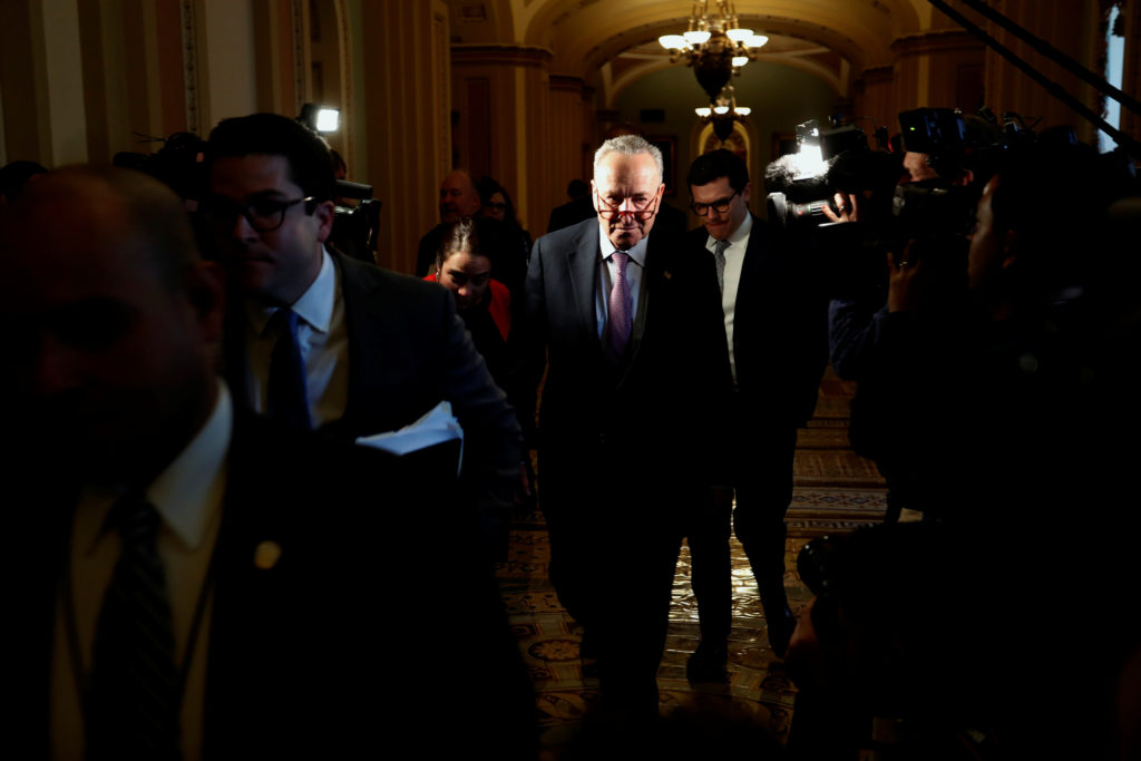 U.S. Senate Majority Leader Chuck Schumer (D-NY) arrives to meet with newly-sworn in U.S. Senator Doug Jones (D-AL) and Se...