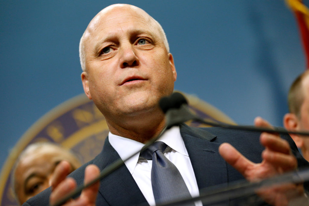 New Orleans Mayor Mitch Landrieu speaks during a news conference as Tropical Storm Nate approaches the U.S. Gulf Coast in ...