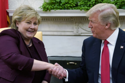 U.S. President Donald Trump shakes hands with Norwegian Prime Minister Erna Solberg in the Oval Office at the White House in Washington, U.S., January 10, 2018. REUTERS/Jonathan Ernst - HP1EE1A1IJN0M