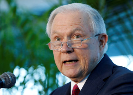 FILE PHOTO: U.S. Attorney General Jeff Sessions speaks on the growing trend of violent crime in sanctuary cities during an event on the Port of Miami in Miami, Florida, U.S. on, August 16, 2017. REUTERS/Joe Skipper/File Photo - RC140CCB1430