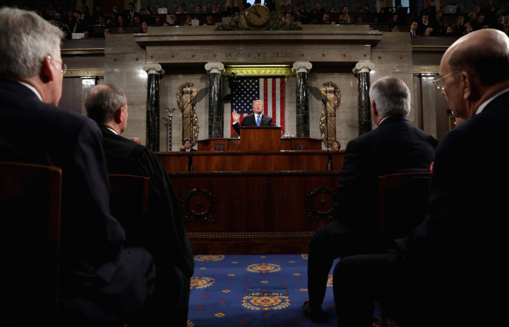 U.S. President Donald Trump delivers his first State of the Union address to a joint session of Congress inside the House ...