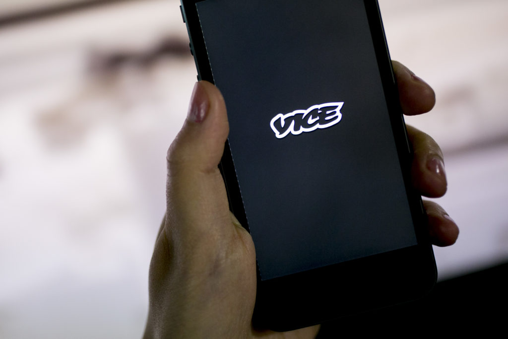 The Vice Media Inc. application (app) is displayed on an Apple Inc. iPhone 5s for an arranged photograph in Washington, D....