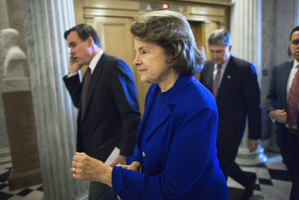 U.S. Senator Dianne Feinstein arrives for a procedural vote on defense spending authorization legislation at the U.S. Capi...