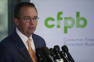 Mick Mulvaney, the acting director of the U.S. Consumer Financial Protection Bureau (CFPB), speaks on November 27, 2017. The CFPB announced Wednesday that it plans to get rid of most of its consumer protections governing payday lenders. Joshua Roberts/Reuters