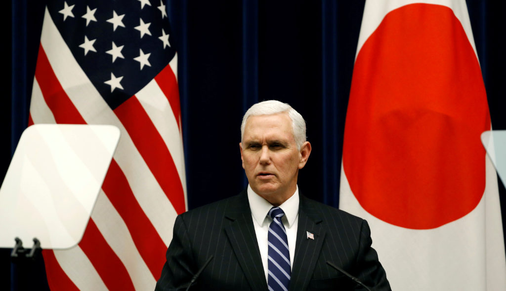 Vice President Mike Pence attends a joint announcement with Japan's Prime Minister Shinzo Abe after their meeting at Abe's...