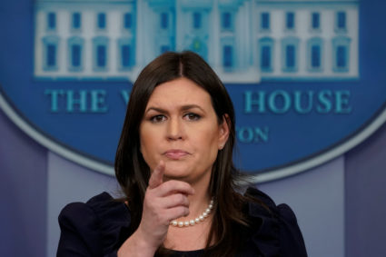White House Press Secretary Sarah Huckabee Sanders speaks during a news briefing at the White House in Washington, U.S., February 12, 2018. REUTERS/Yuri Gripas - RC11C297EDB0