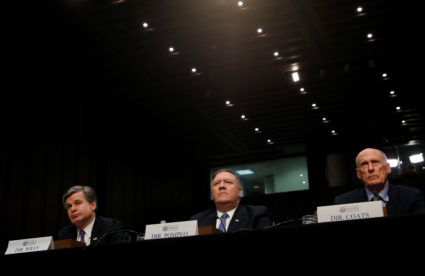 Federal Bureau of Investigation (FBI) Director Christopher Wray; Central Intelligence Agency (CIA) Director Mike Pompeo; and Director of National Intelligence (DNI) Dan Coats testify before a Senate Intelligence Committee hearing on "World Wide Threats" on Capitol Hill in Washington, D.C. Photo by Leah Millis/Reuters