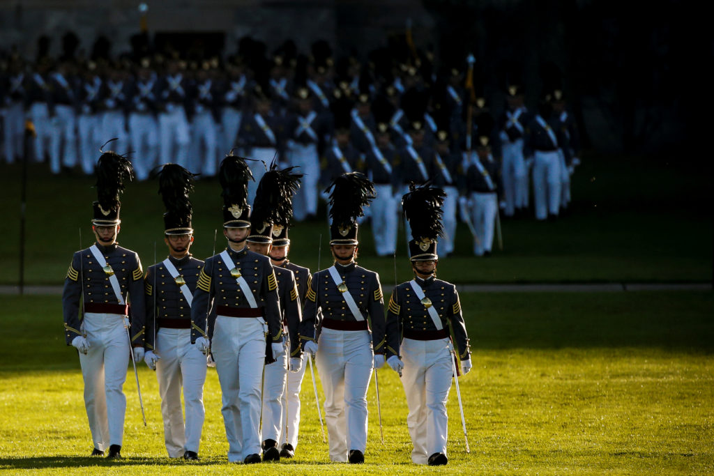 The Cadet Corp march during a ceremony to honor former U.S. President George W. Bush with the Sylvanus Thayer Award at the...