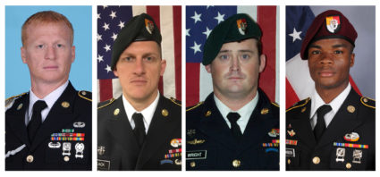 A combination photo of U.S. Army Special Forces Sergeant Jeremiah Johnson (L to R), U.S. Special Forces Sgt. Bryan Black, U.S. Special Forces Sgt. Dustin Wright and U.S. Special Forces Sgt. La David Johnson, all who were killed in Niger, West Africa, in October 2017. Photo courtesy of U.S. Army Special Operations Command/Handout via Reuters