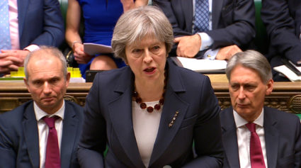 Britain's Prime Minister Theresa May addresses the House of Commons on the poisoning of former Russian intelligence officer Sergei Skripal and his daughter Yulia on March 14. Parliament TV handout via Reuters