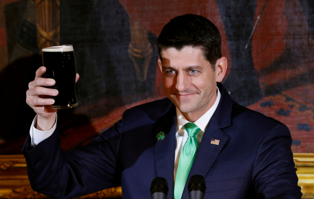 Speaker of the House Paul Ryan toasts with a Guinness during the Friends of Ireland luncheon at the Capitol in Washington, D.C. Photo by Kevin Lamarque/Reuters
