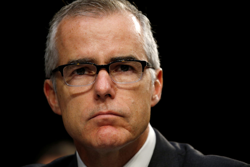 Onetime FBI Director Andrew McCabe testifies before a Senate Intelligence Committee hearing on the Foreign Intelligence Su...