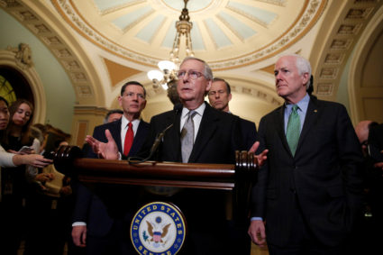 Senate Majority Leader Mitch McConnell (R-KY) speaks after the Republican policy luncheon on Capitol Hill in Washington, U.S., March 20, 2018. REUTERS/Joshua Roberts - RC1165A2A330