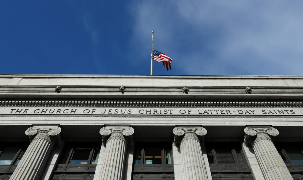 A flag flies at half mask outside the world headquarters of the Mormon Church for Thomas S. Monson, President of the Churc...