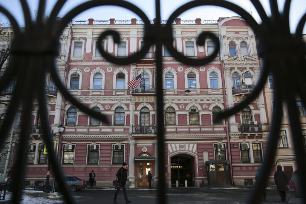 A view through a fence shows the building of the consulate-general of the U.S. in St. Petersburg, Russia March 29, 2018. R...