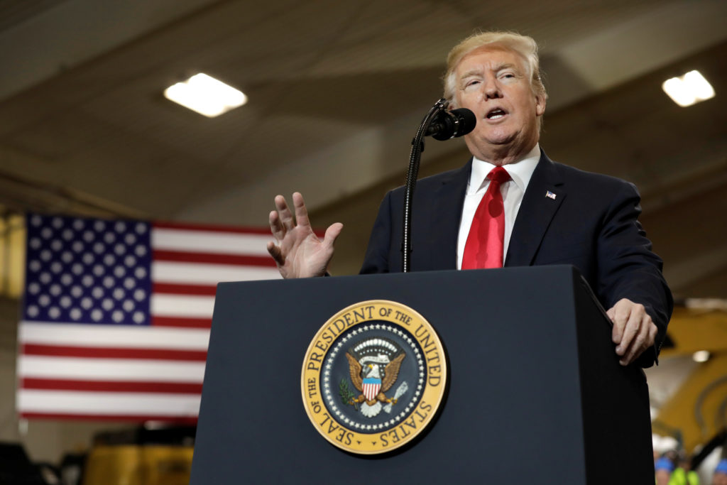President Donald Trump delivers remarks on the Infrastructure Initiative at the Local 18 Richfield Training Site in Richfi...