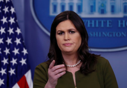 White House press secretary Sarah Huckabee Sanders takes questions during a daily briefing at the White House in Washington, D.C. Photo by Leah Millis/Reuters