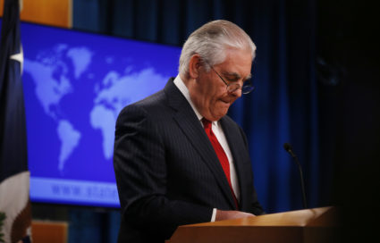 U.S. Secretary of State Rex Tillerson speaks to the media at the U.S. State Department after being fired by President Donald Trump in Washington, U.S. March 13, 2018. REUTERS/Leah Millis - HP1EE3D1FAG4A