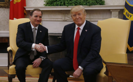 U.S. President Donald Trump meets with Sweden's Prime Minister Stefan Lofven (L) in the Oval Office at the White House in Washington, U.S., March 6, 2018. REUTERS/Leah Millis - HP1EE361IMG8A