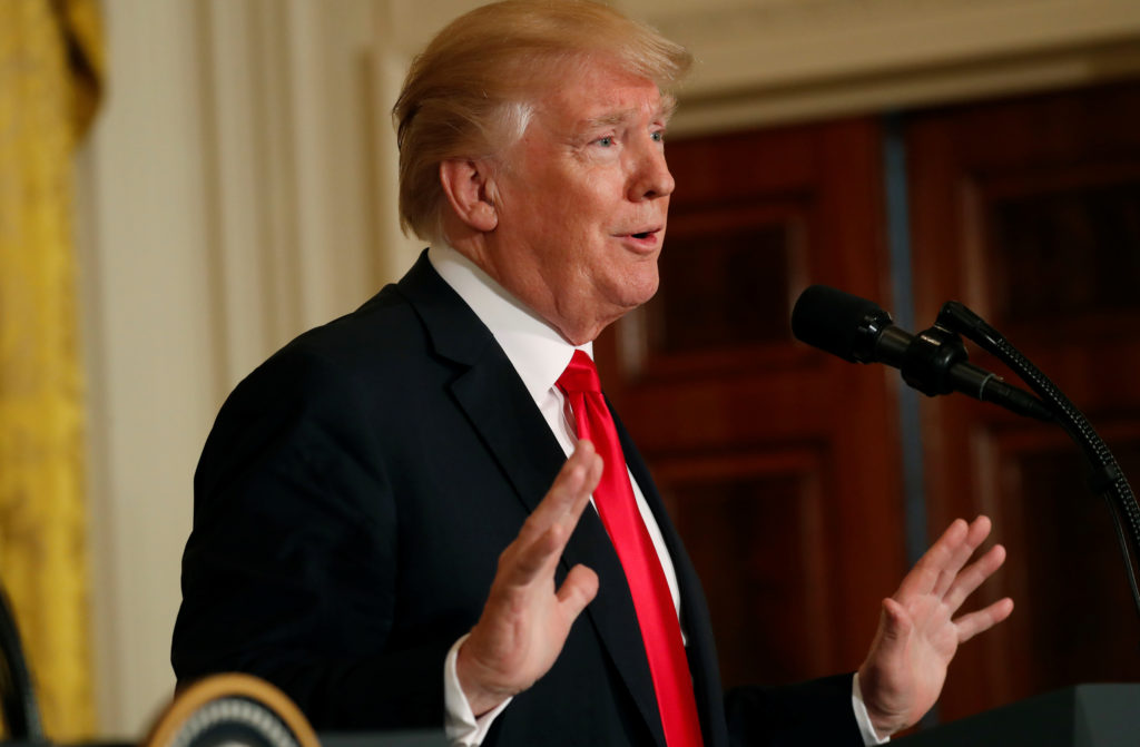 U.S. President Donald Trump holds a joint news conference with Swedish Prime Minister Stefan Lofven in the White House Eas...
