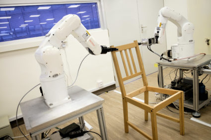 This new robot, assembled from off-the-shelf parts and programmed with open-access software, can autonomously assemble an IKEA chair. Photo by NTU Singapore