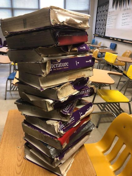 A stack of books still used by students in the English classroom of Sarah Jane Scarberry, teacher at Heavener High School in Heavener, Oklahoma. Photo provided by Sarah Jane Scarberry