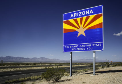 Arizona border welcome sign on Interstate-10 Highway, Chihuahuan Desert, Arizona, USA.