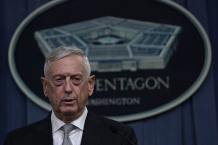 Defense Secretary James Mattis briefs members of the media on Syria at the Pentagon on April 13, following a joint force strike on Syria with Britain and France. Photo by Alex Wong/Getty Images