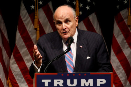 Former New York Mayor Rudy Giuliani delivers remarks before a Donald Trump rally in Council Bluffs, Iowa for the 2016 election. Photo by Jonathan Ernst/Reuters