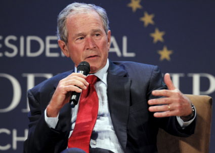 Former U.S. President George W. Bush speaks during a moderated conversation at the graduation of the inaugural class of the Presidential Leadership Scholars program, a partnership between the presidential centers of George W. Bush, William J. Clinton, George H.W. Bush, and Lyndon B. Johnson at the George W. Bush Presidential Library in Dallas, Texas July 9, 2015. REUTERS/Mike Stone - GF10000154484
