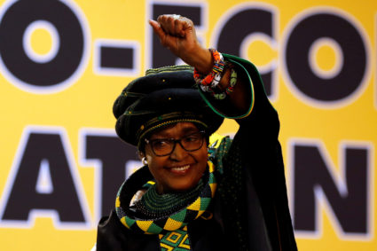 Winnie Madikizela Mandela, ex-wife of former South African president Nelson Mandela, gestures to supporters at the 54th National Conference of the ruling African National Congress (ANC) at the Nasrec Expo Centre in Johannesburg, South Africa, in December 2017. Photo by Siphiwe Sibeko/Reuters