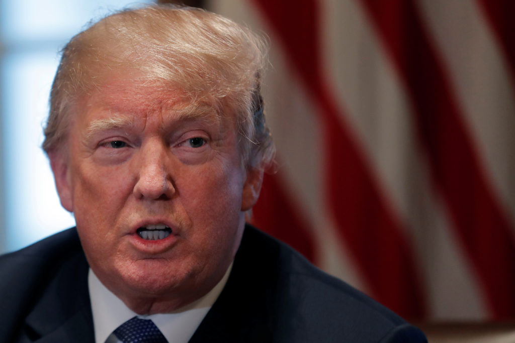 President Donald Trump receives a briefing from senior military leadership at the Cabinet Room of the White House in Washi...