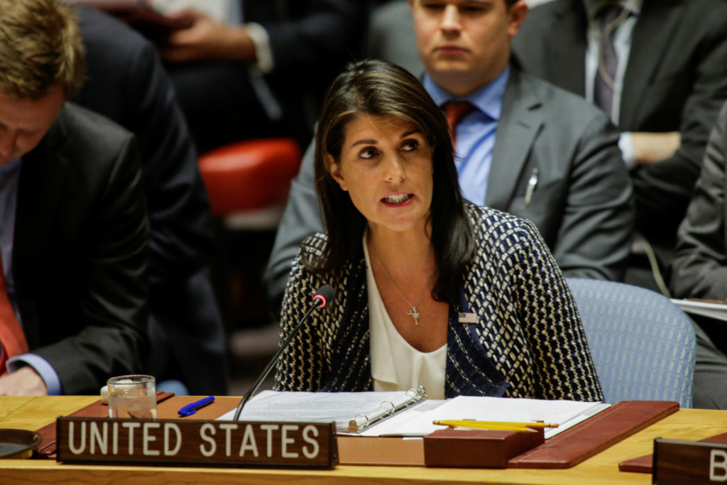 United States Ambassador to the United Nations Nikki Haley speaks during the United Nations Security Council meeting on Sy...