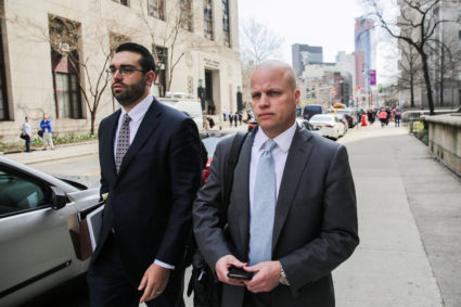 Michael Cohen's Attorneys Todd Harrison (R) and Joseph Evans are pictured outside the Manhattan Federal Court in New York City, New York, U.S., April 13, 2018. REUTERS/Jeenah Moon - RC1E95587780