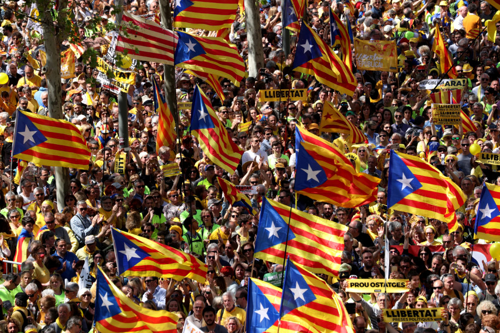 Pro-independence supporters wave Catalan separatist flags, known as "Estelada", as they attend a demonstration in Barcelona
