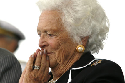 Former first lady Barbara Bush listens to remarks during the 2006 christening ceremony of the USS George H.W. Bush at Northrop-Grumman's shipyard in Newport News, Virginia. Photo by Kevin Lamarque/Reuters