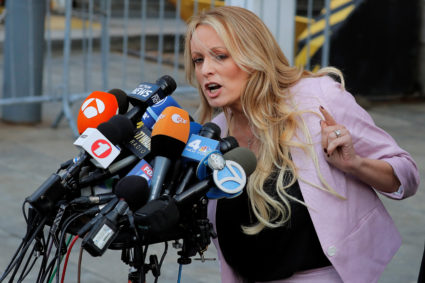 Adult-film actress Stephanie Clifford, also known as Stormy Daniels, speaks as she departs federal court in the Manhattan borough of New York City, New York, U.S., April 16, 2018. REUTERSLucas Jackson - RC1E7F0B4AF0