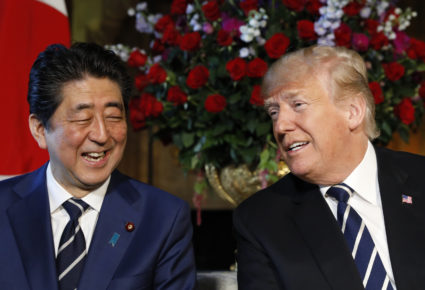 Japan's Prime Minister Shinzo Abe and President Donald Trump meet at the Mar-a-Lago estate in Palm Beach, Florida on April 17. Photo by Kevin Lamarque/Reuters