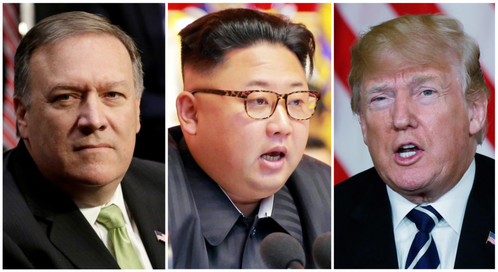A combination photo shows CIA Director Mike Pompeo (L) in Washington, North Korean leader Kim Jong Un (C) in Pyongyang, No...