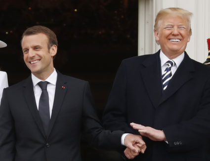 French President Emmanuel Macron (left) and U.S. President Donald Trump at the official arrival ceremony for Macron on the South Lawn of the White House in Washington, D.C., on April 24. Photo by Jonathan Ernst/Reuters