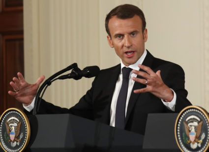 French President Emmanuel Macron speaks at a joint news conference with U.S. President Donald Trump (not pictured) at the White House in Washington, D.C., on April 24. Photo by Kevin Lamarque/Reuters