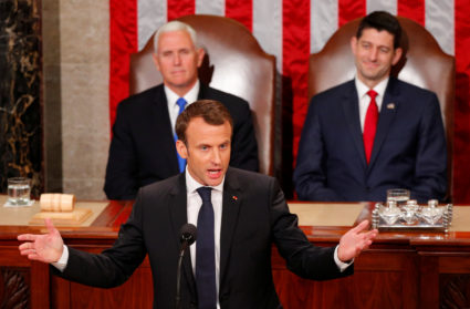 French President Emmanuel Macron addresses a joint meeting of Congress in Washington, D.C., on April 25. Photo by Brian Snyder/Reuters